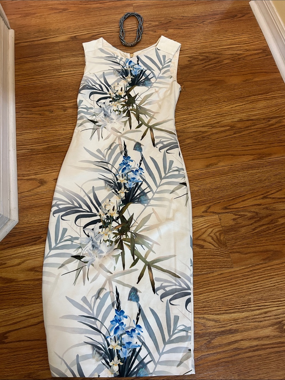 Ted Baker White Midi Dress with Blue and Gray Floral Print